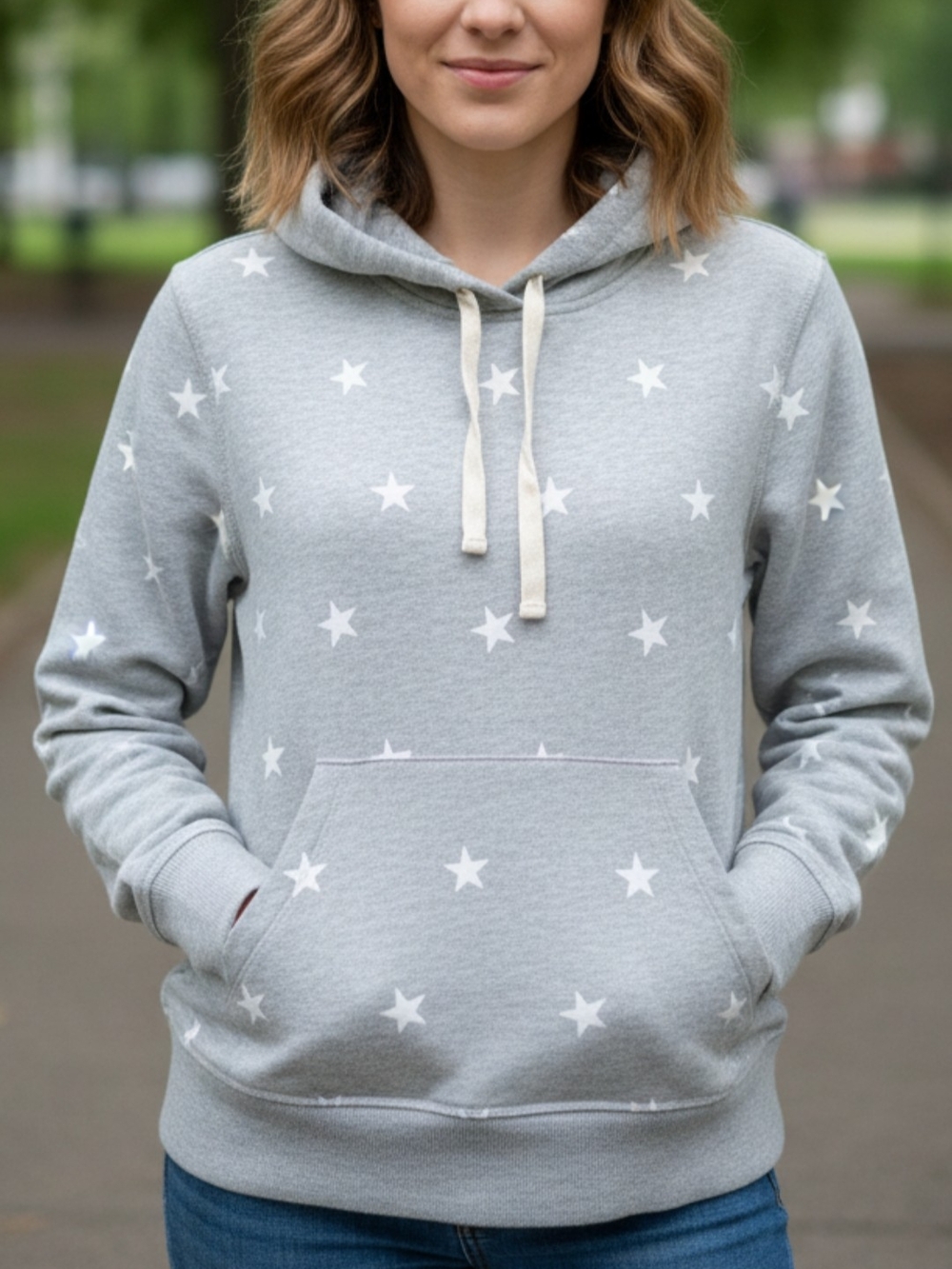 Amazon Essentials Light Gray Star-Print Pullover Hoodie with Cream Drawcords